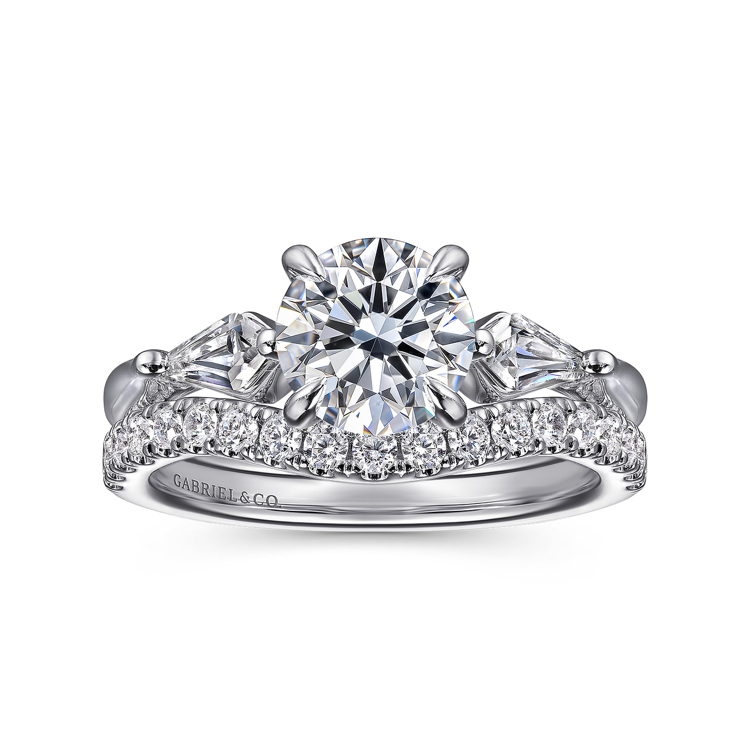 Round Three Stone Diamond Engagement Ring with Kite Side Stones in 14K White Gold, photograph 4