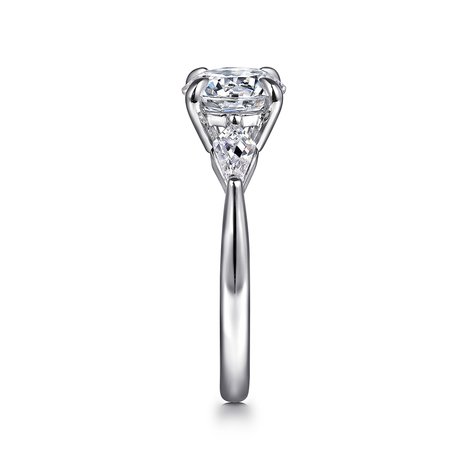 Round Three Stone Diamond Engagement Ring with Kite Side Stones in 14K White Gold, photograph 5