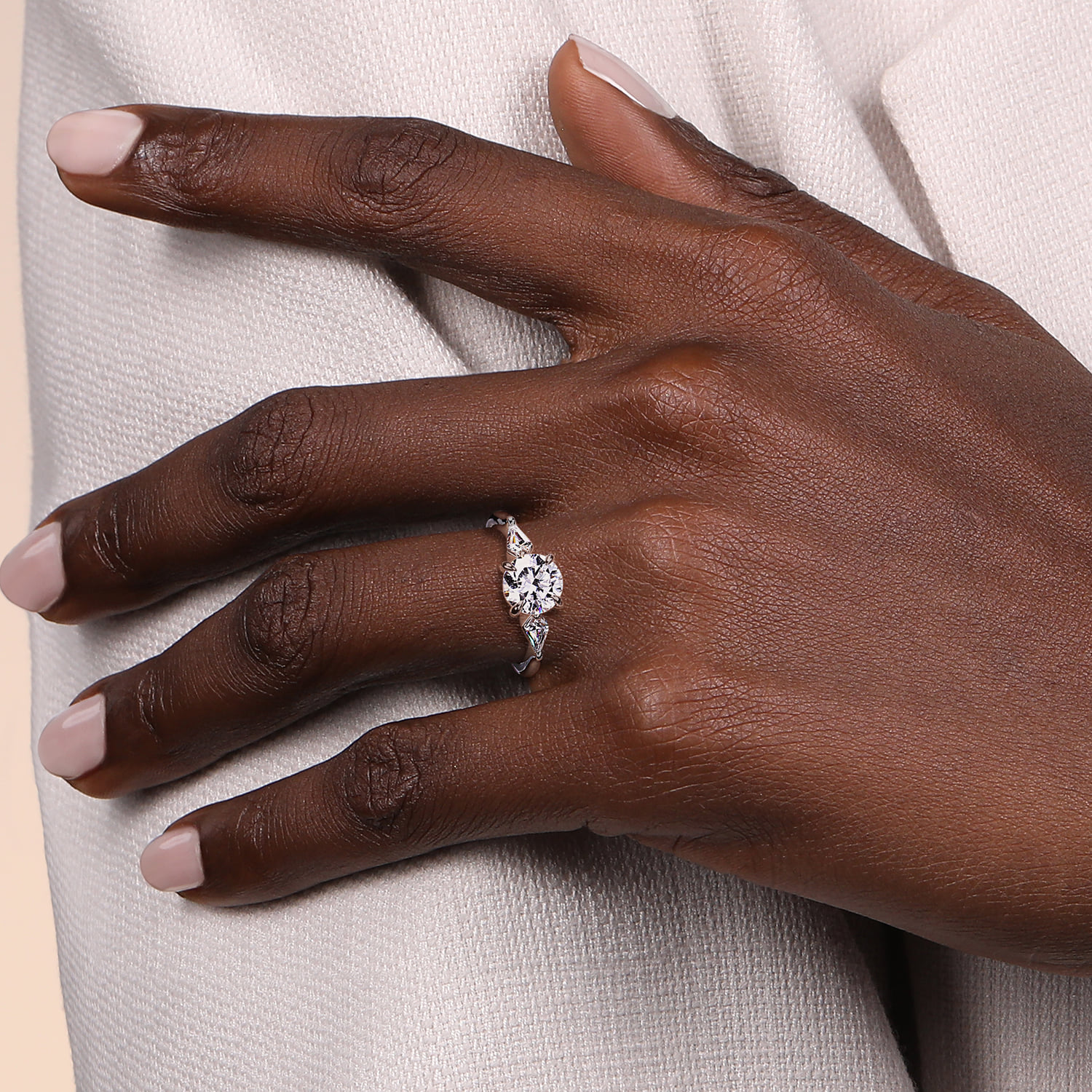 Round Three Stone Diamond Engagement Ring with Kite Side Stones in 14K White Gold, photograph 6