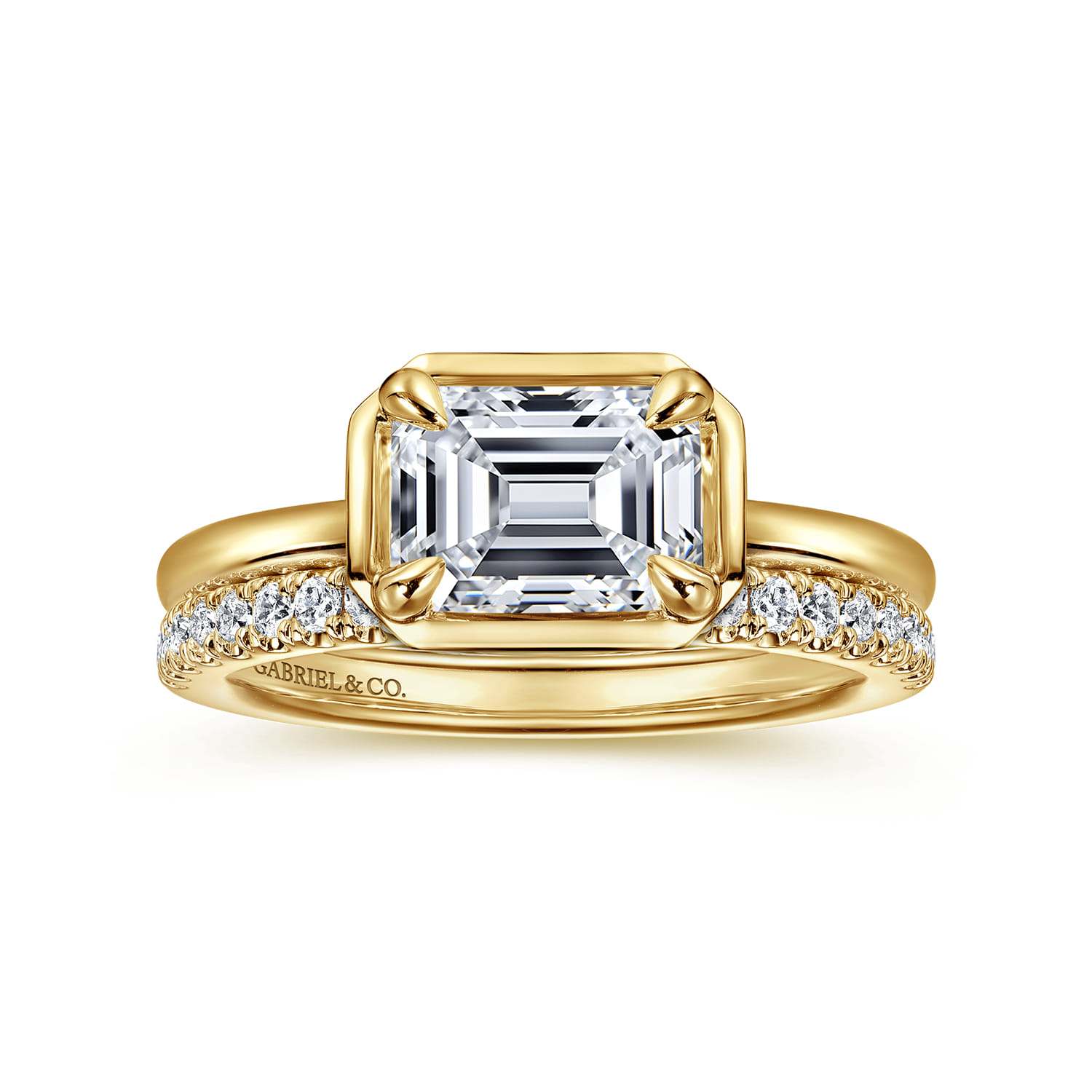 Emerald East West and Bezel Prong Diamond Engagement Ring in 14K Yellow Gold, photograph 4