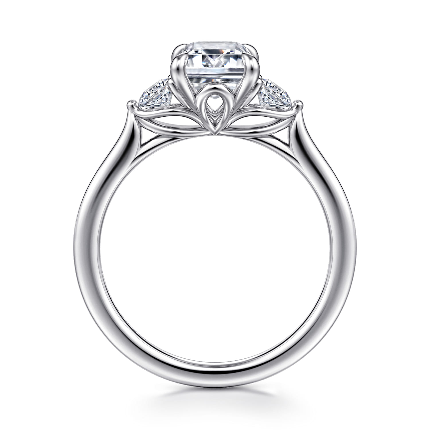 Emerald Three Stone Lotus Diamond Engagement Ring in 14K White Gold, photograph 2
