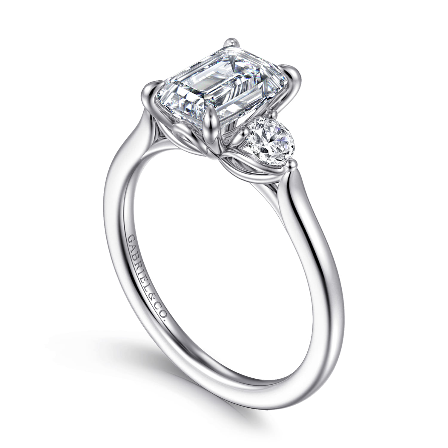 Emerald Three Stone Lotus Diamond Engagement Ring in 14K White Gold, photograph 3