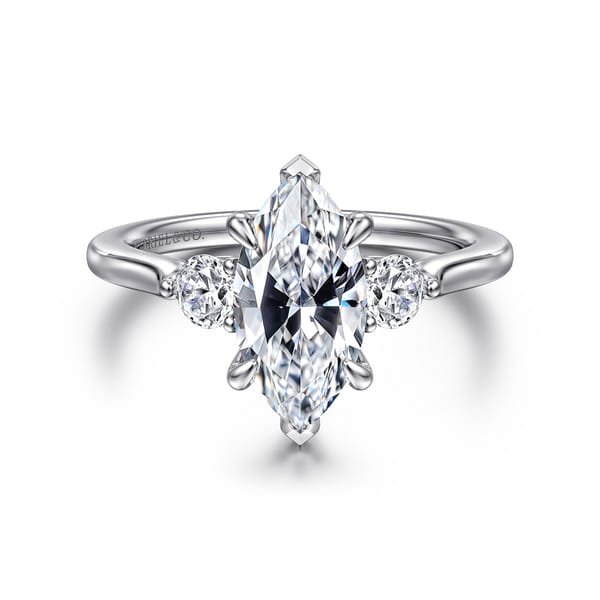 14K White Gold Marquise Shape Three Stone Lotus Diamond Engagement Ring