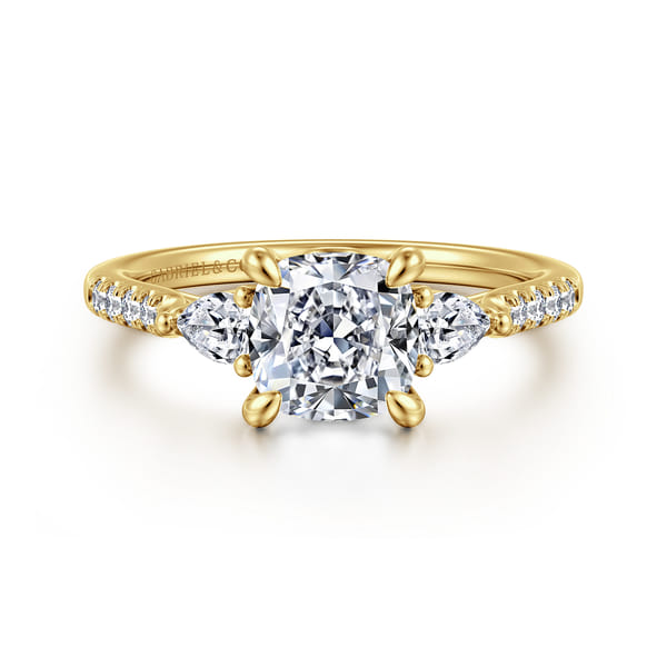 14K Yellow Gold Cushion Cut Three Stone Lotus Diamond Engagement Ring