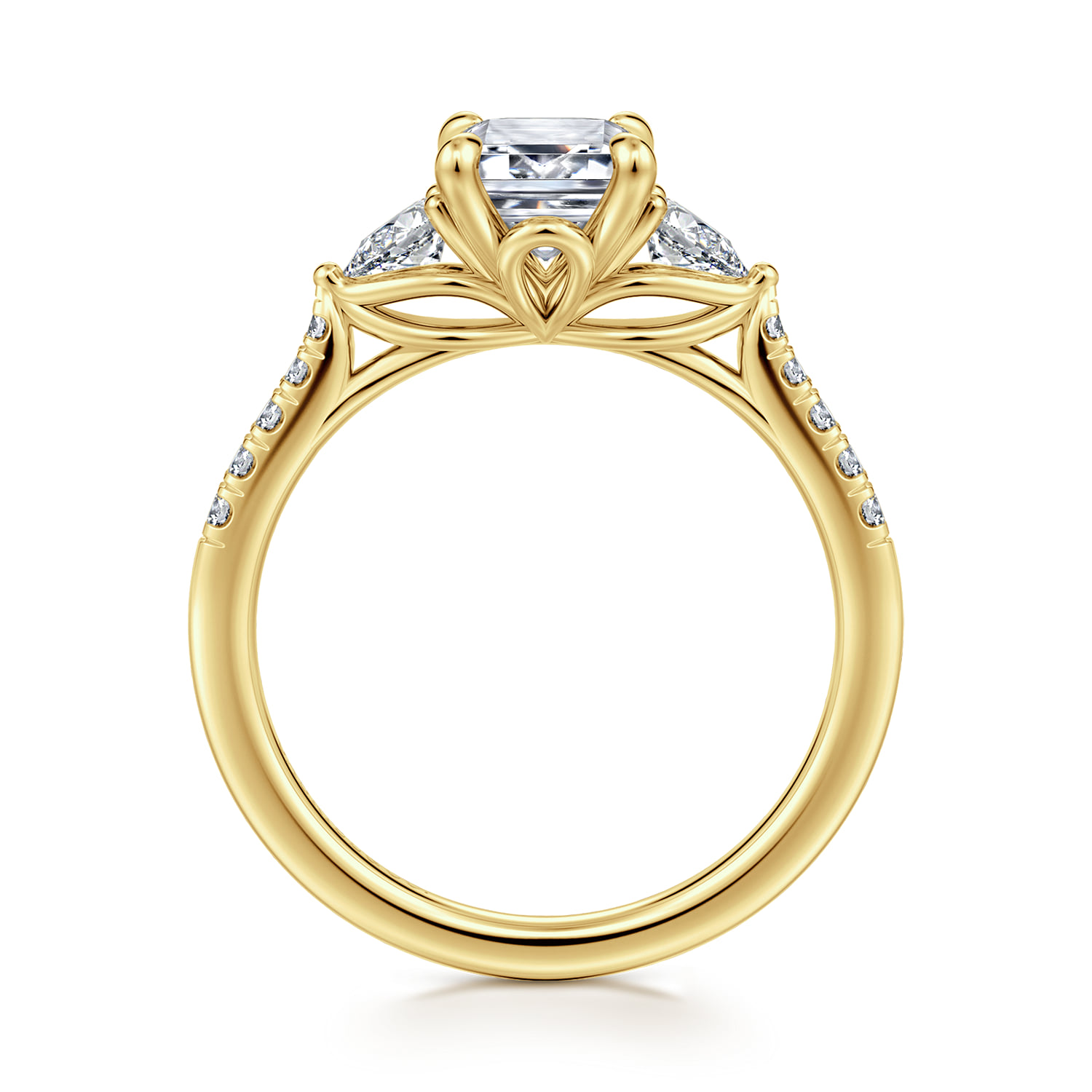 Emerald Three Stone Lotus Diamond Engagement Ring in 14K Yellow Gold, photograph 2