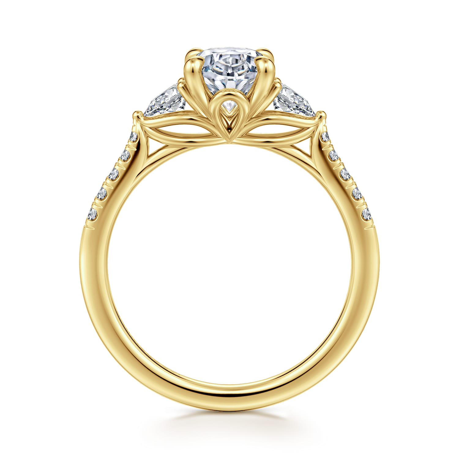 Oval Three Stone Lotus Diamond Engagement Ring in 14K Yellow Gold, photograph 2