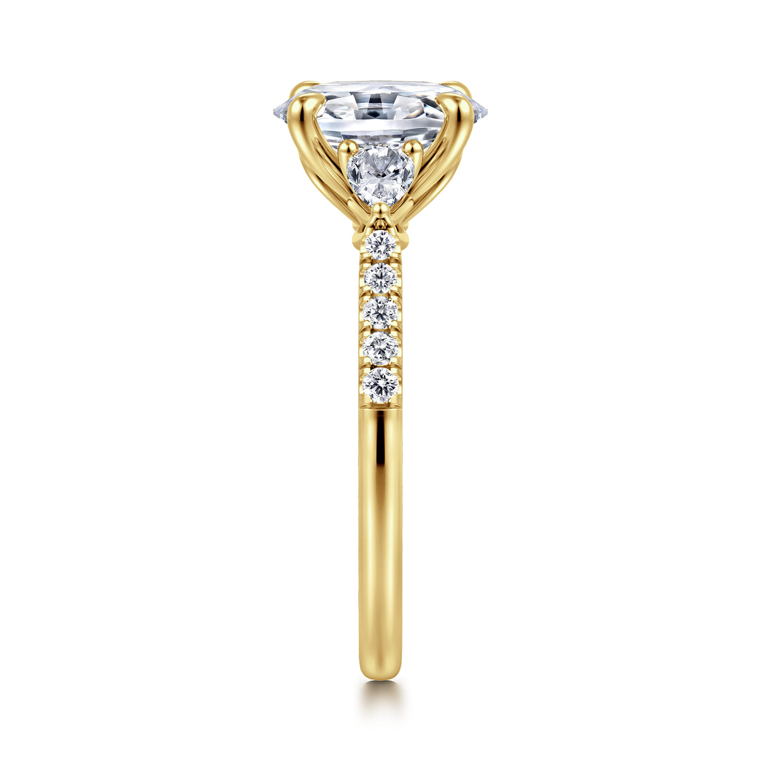 Oval Three Stone Lotus Diamond Engagement Ring in 14K Yellow Gold, photograph 4