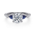 Monty - 14K White Gold Round Three Stone Lotus Diamond and A Quality Sapphire Engagement Ring