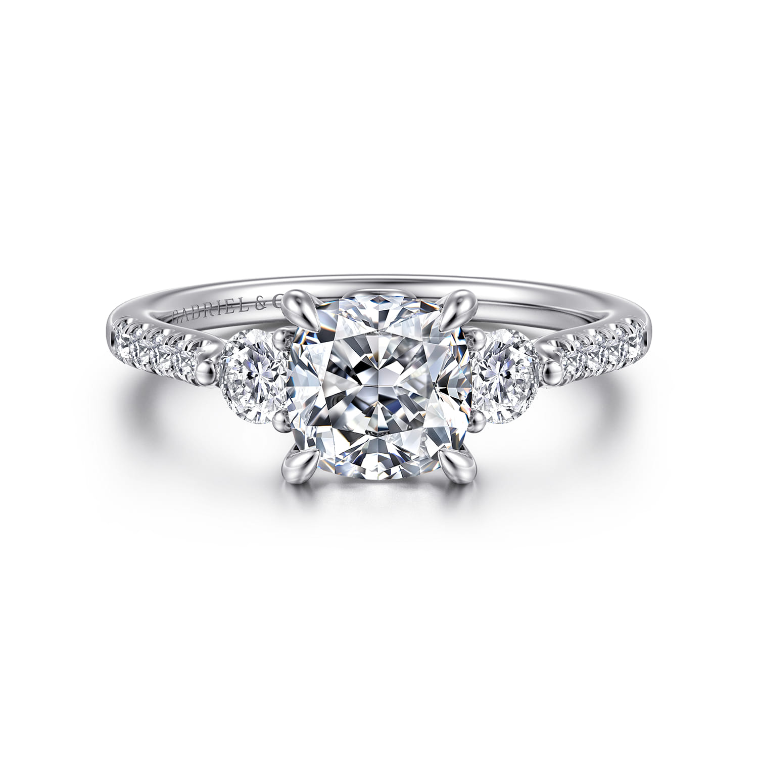 Cushion Three Stone Lotus Diamond Engagement Ring in 14K White Gold