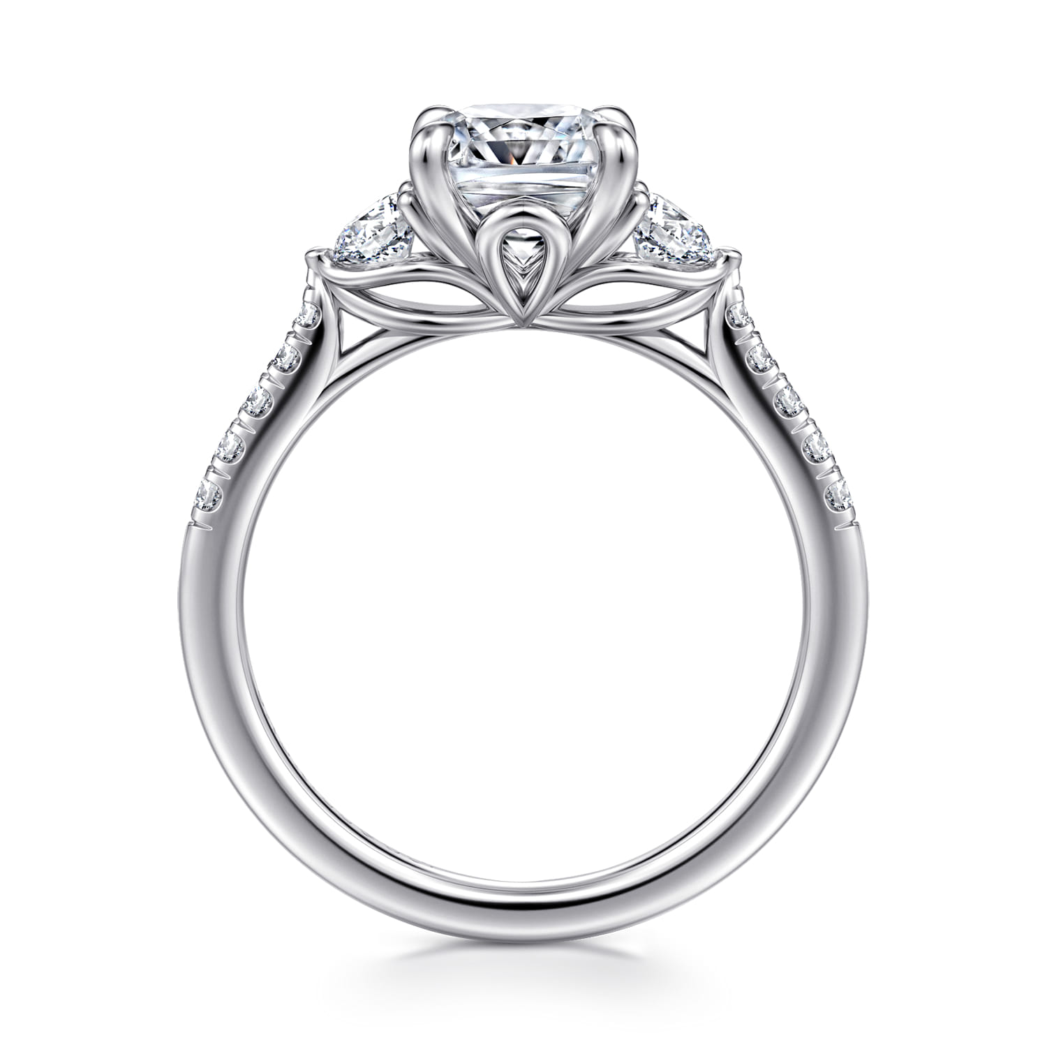 Cushion Three Stone Lotus Diamond Engagement Ring in 14K White Gold, photograph 2
