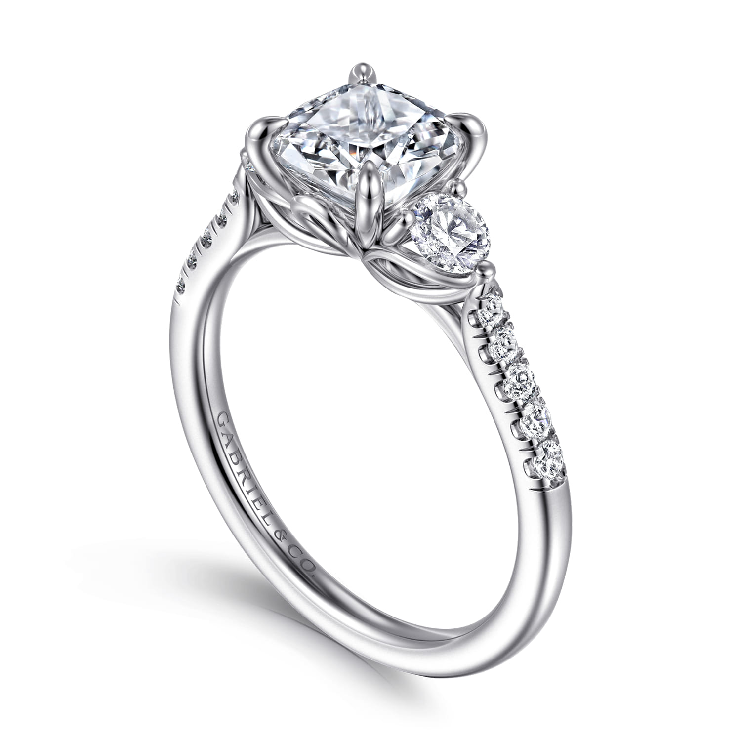 Cushion Three Stone Lotus Diamond Engagement Ring in 14K White Gold, photograph 3