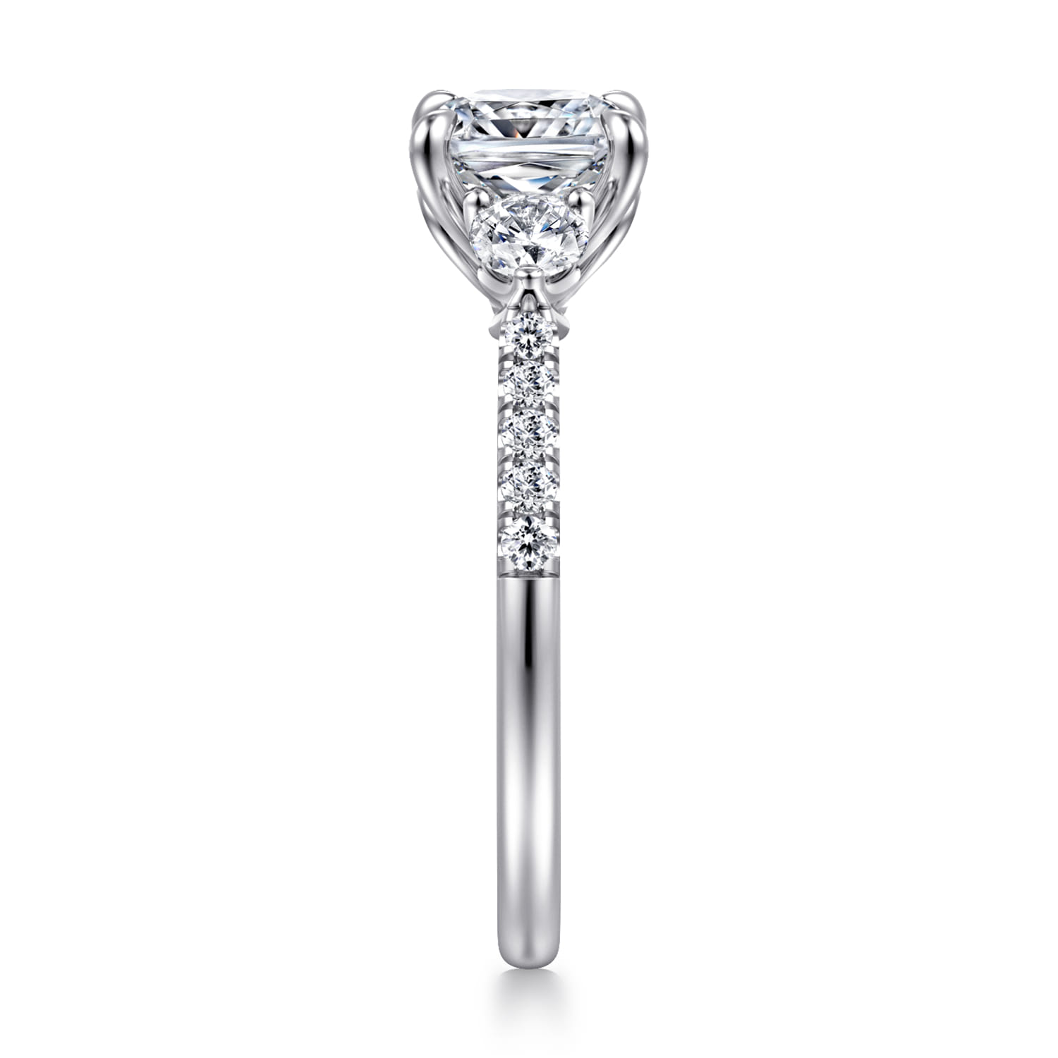 Cushion Three Stone Lotus Diamond Engagement Ring in 14K White Gold, photograph 4