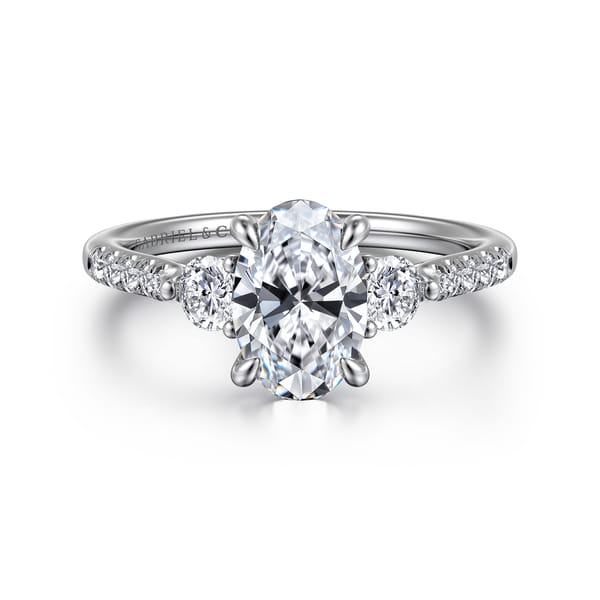 14K White Gold Oval Three Stone Lotus Diamond Engagement Ring