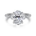Moon - 14K White Gold Oval Three Stone Lotus Diamond Engagement Ring