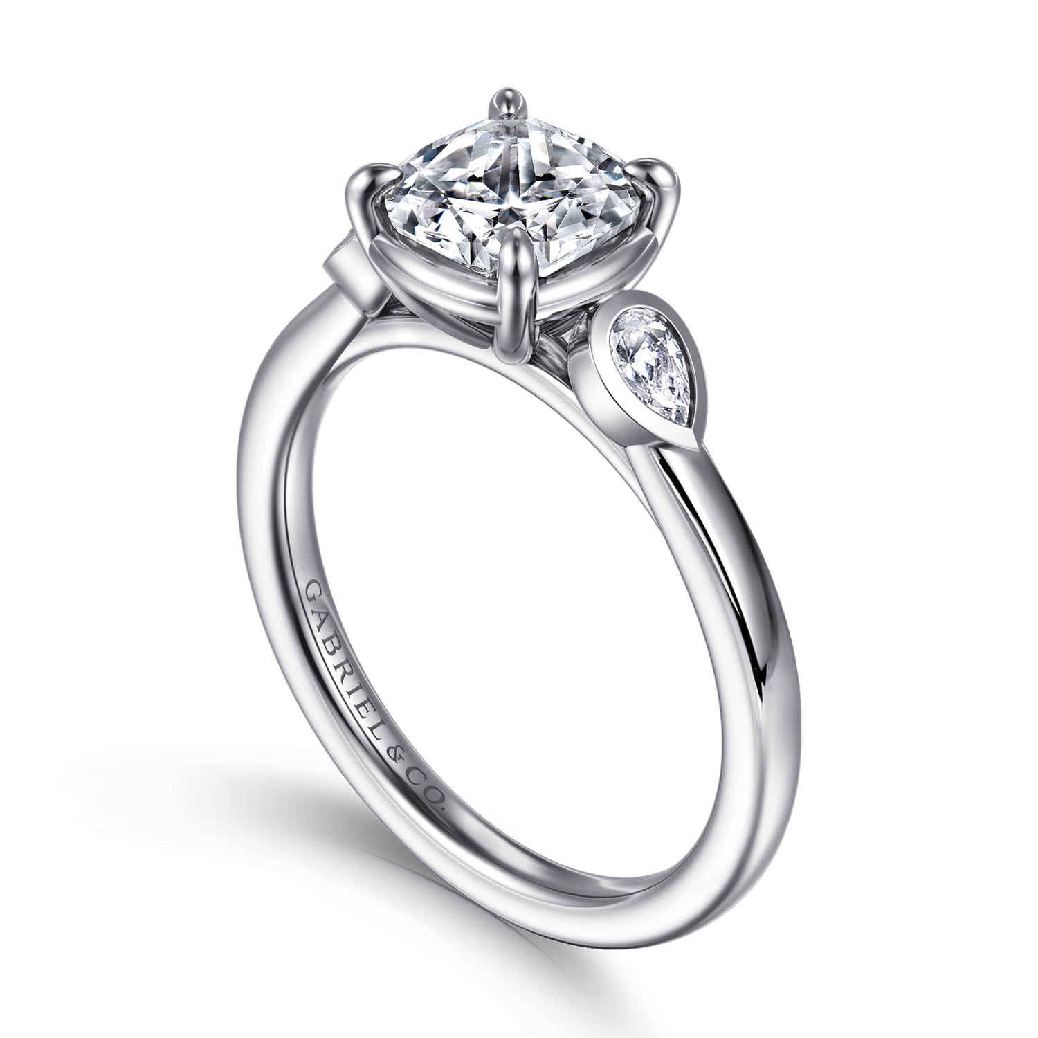Cushion Three Stone Diamond Engagement Ring in 14K White Gold, photograph 3