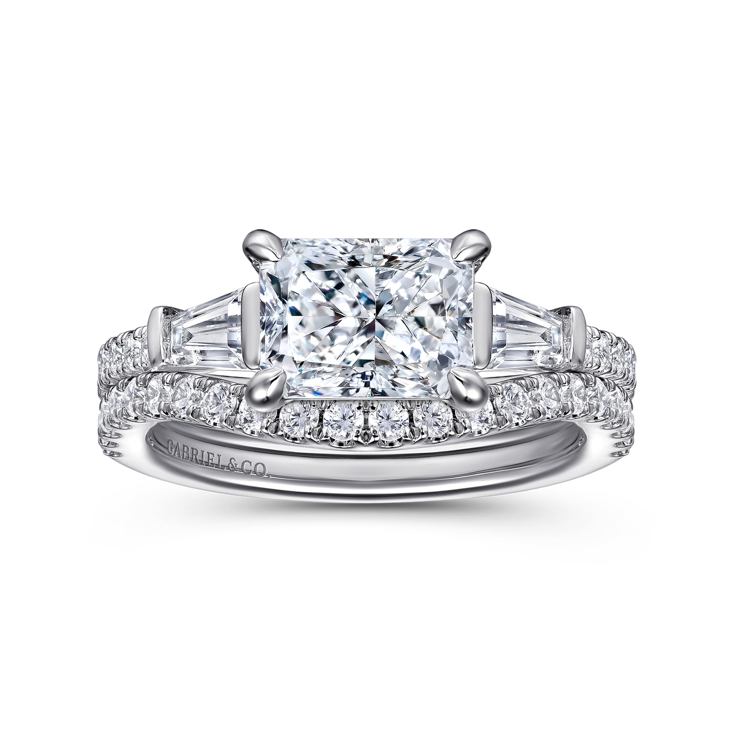 Radiant Three Stone Diamond Engagement Ring in 14K White Gold, photograph 4
