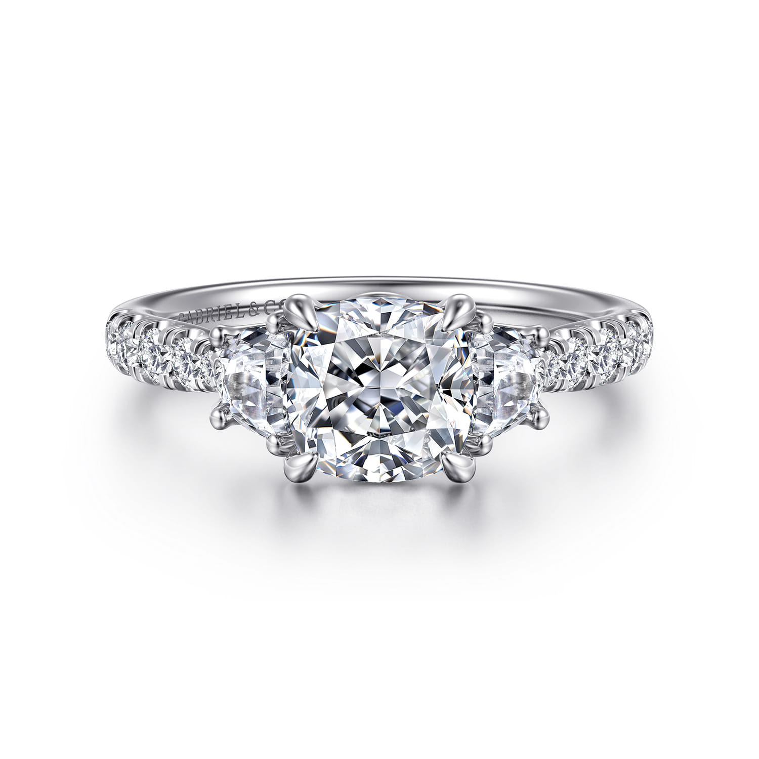 Cushion Three Stone Lotus Diamond Engagement Ring in 14K White Gold