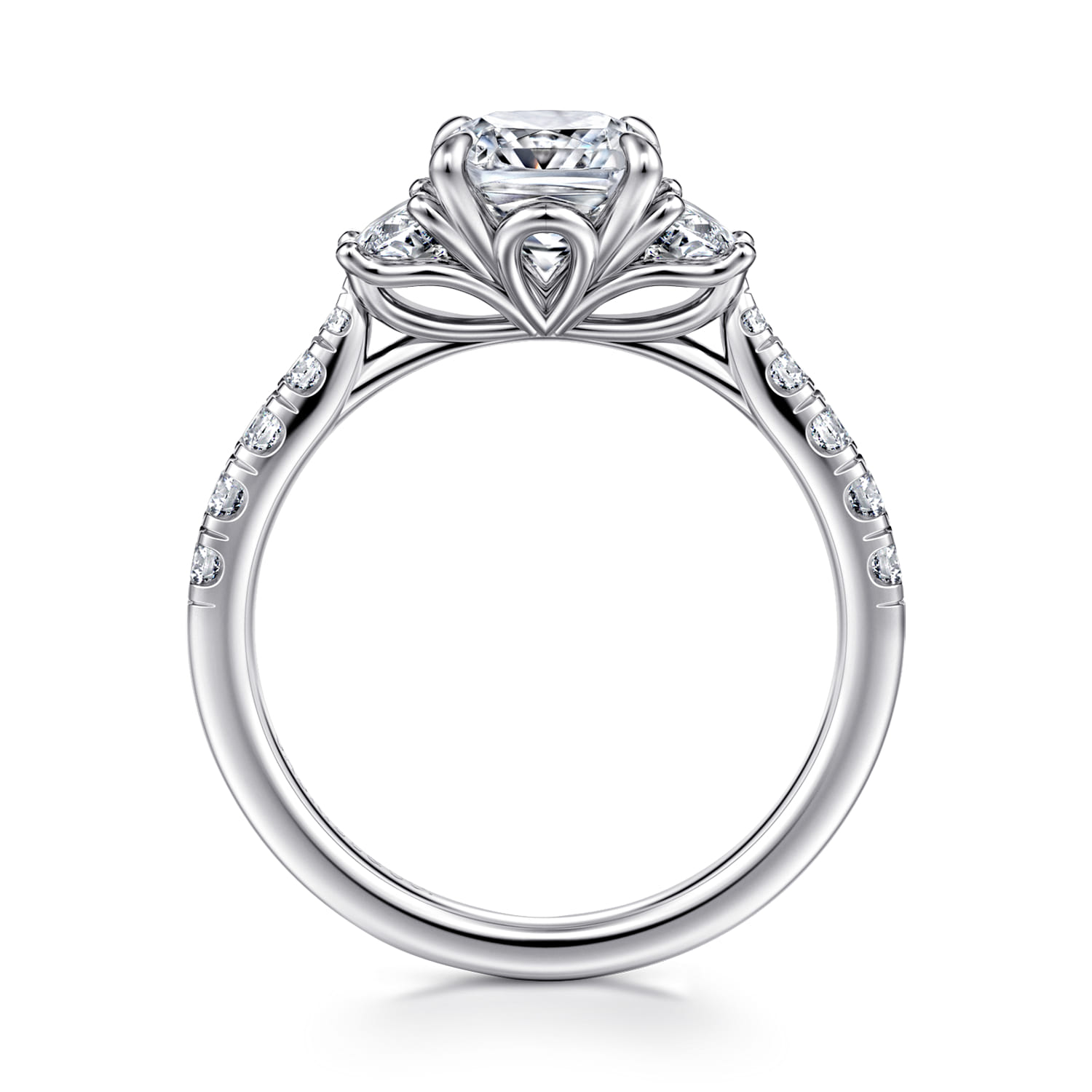 Cushion Three Stone Lotus Diamond Engagement Ring in 14K White Gold, photograph 2