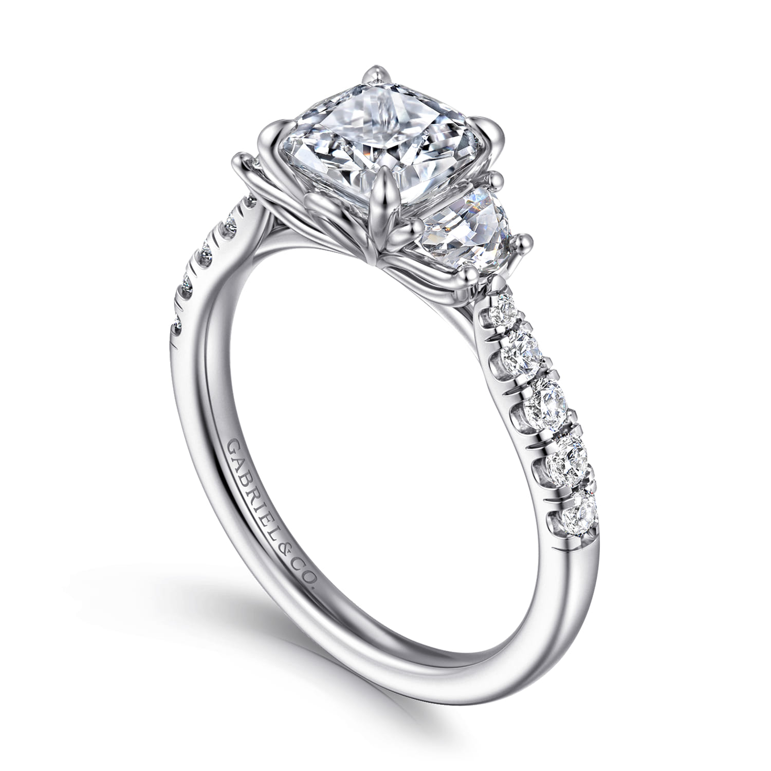 Cushion Three Stone Lotus Diamond Engagement Ring in 14K White Gold, photograph 3