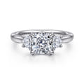 Devon - 14K White Gold Cushion Cut Three Stone Lotus Diamond Engagement Ring