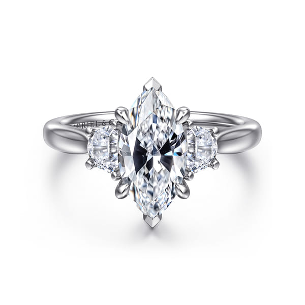 14K White Gold Marquise Shape Three Stone Lotus Diamond Engagement Ring