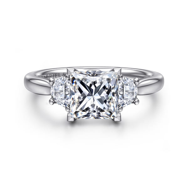 14K White Gold Princess Cut Three Stone Lotus Diamond Engagement Ring