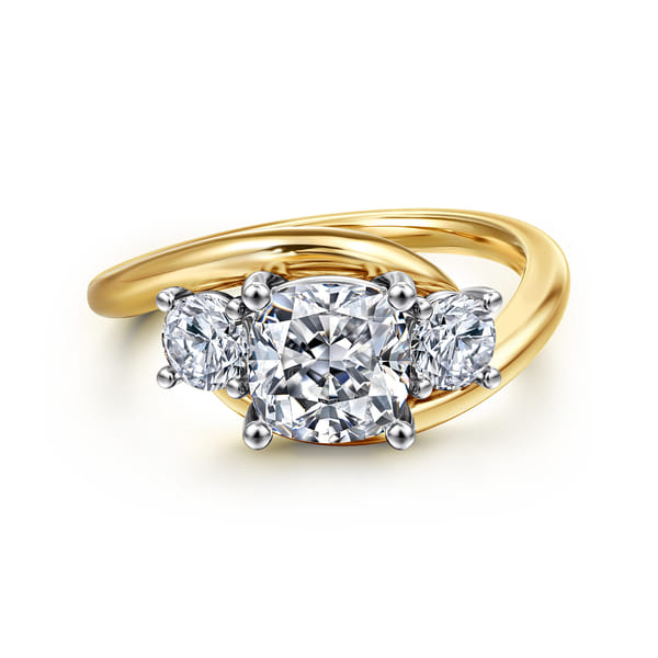 14K White-Yellow Gold Cushion Cut Three Stone Diamond Engagement Ring