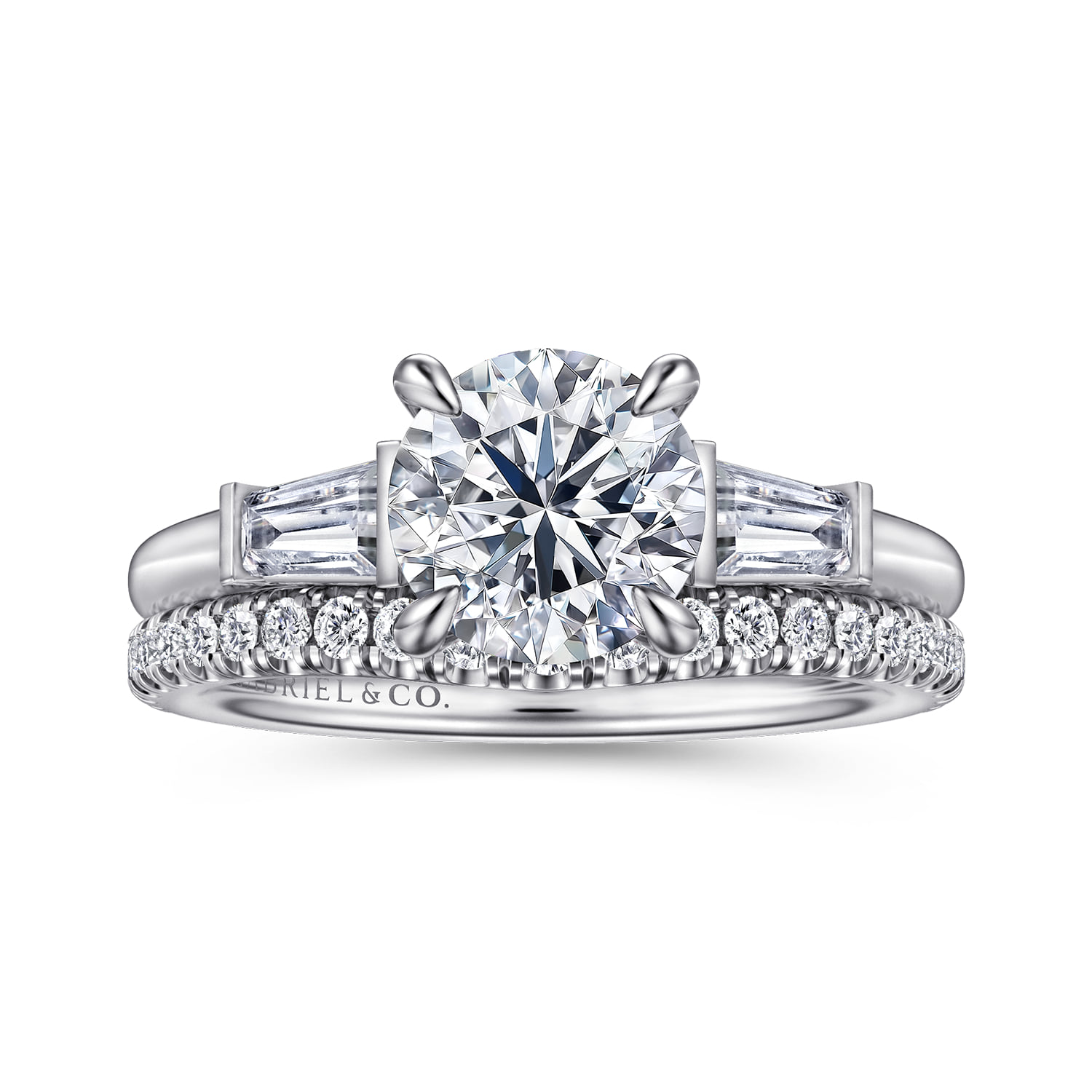 Round Three Stone Diamond Engagement Ring in 14K White Gold, photograph 4
