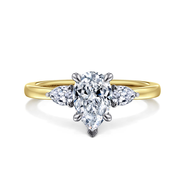 14K White-Yellow Gold Pear Shape Three Stone Diamond Engagement Ring
