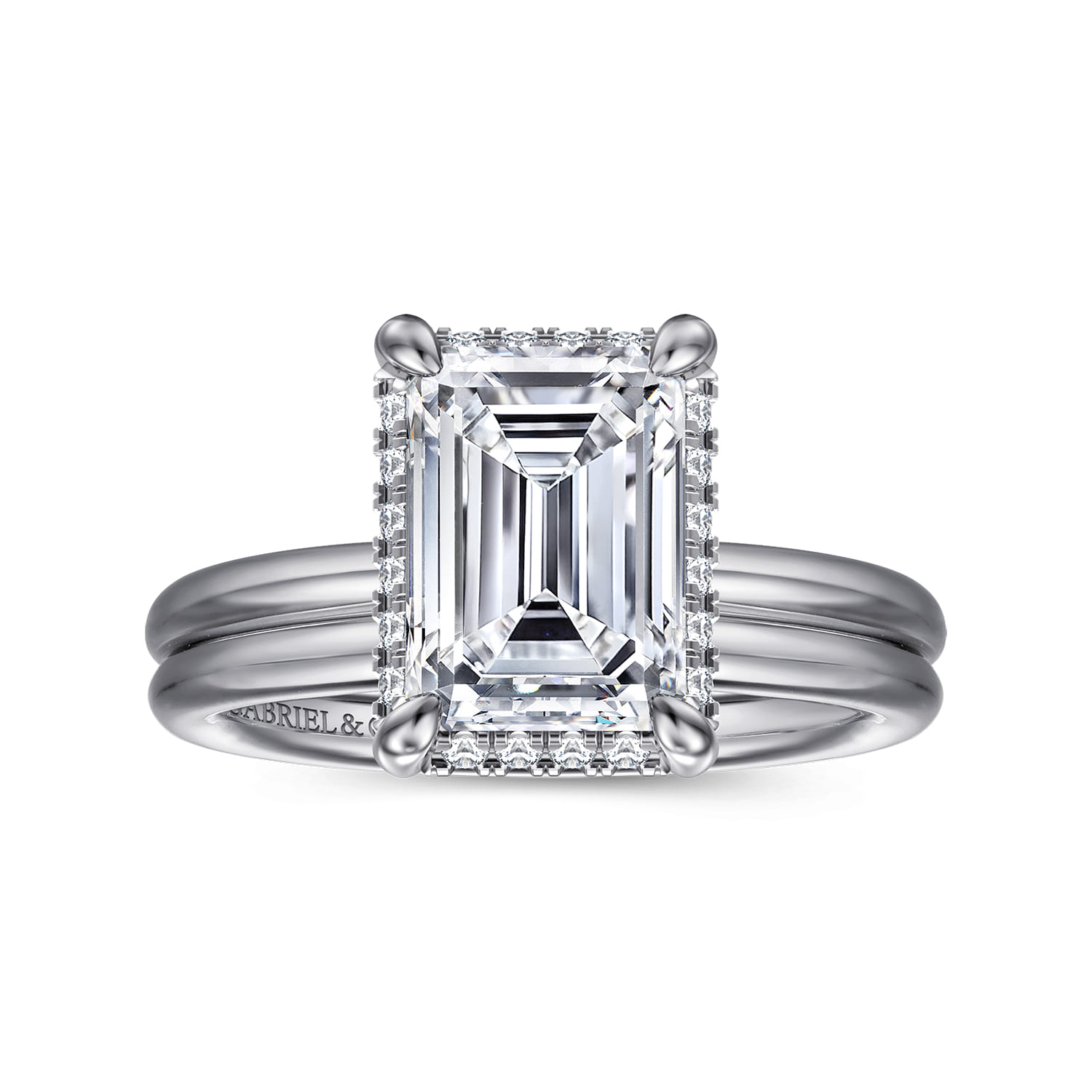 Emerald Hidden Halo Diamond Engagement Ring in 14K White Gold, photograph 4