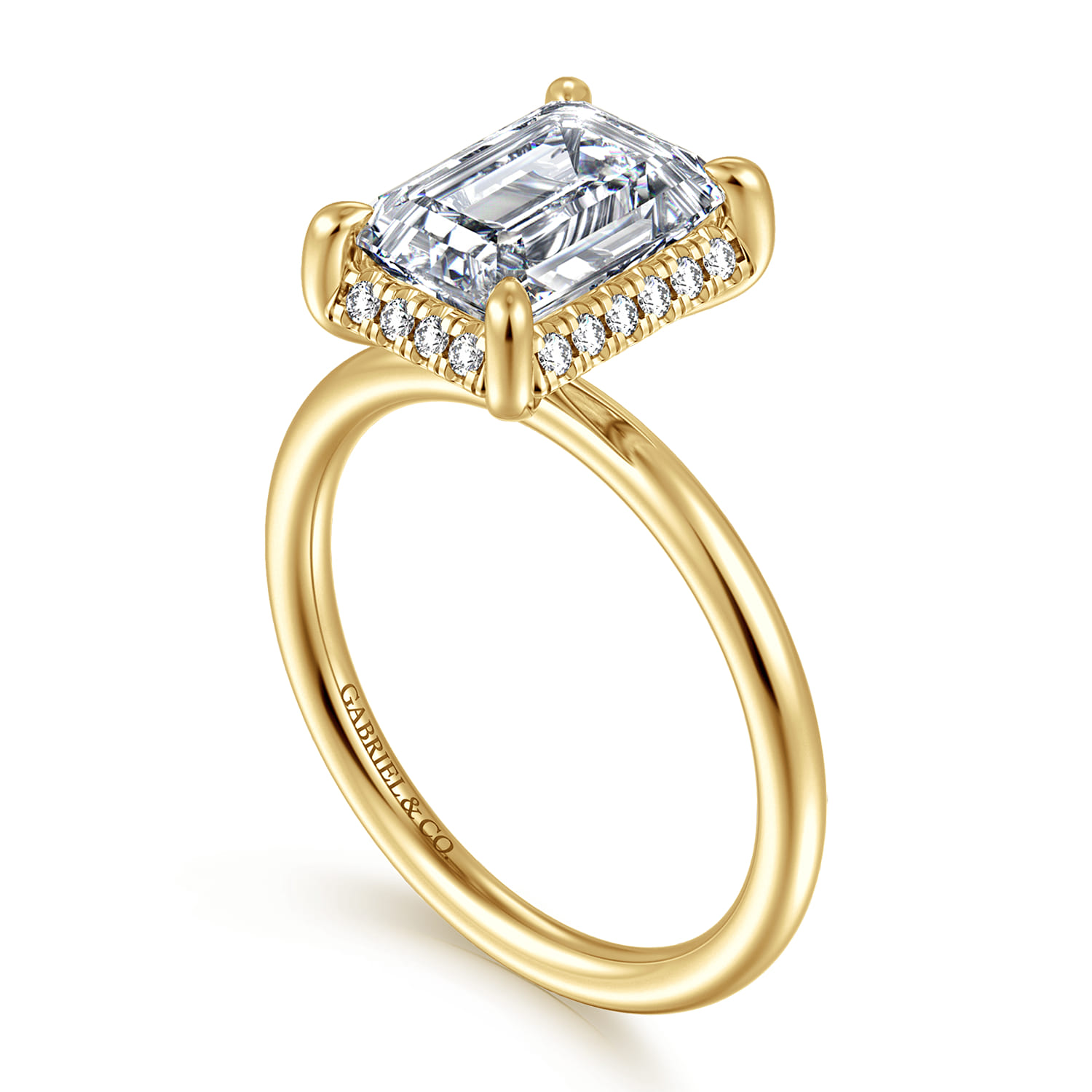 Emerald Hidden Halo Diamond Engagement Ring in 14K Yellow Gold, photograph 3