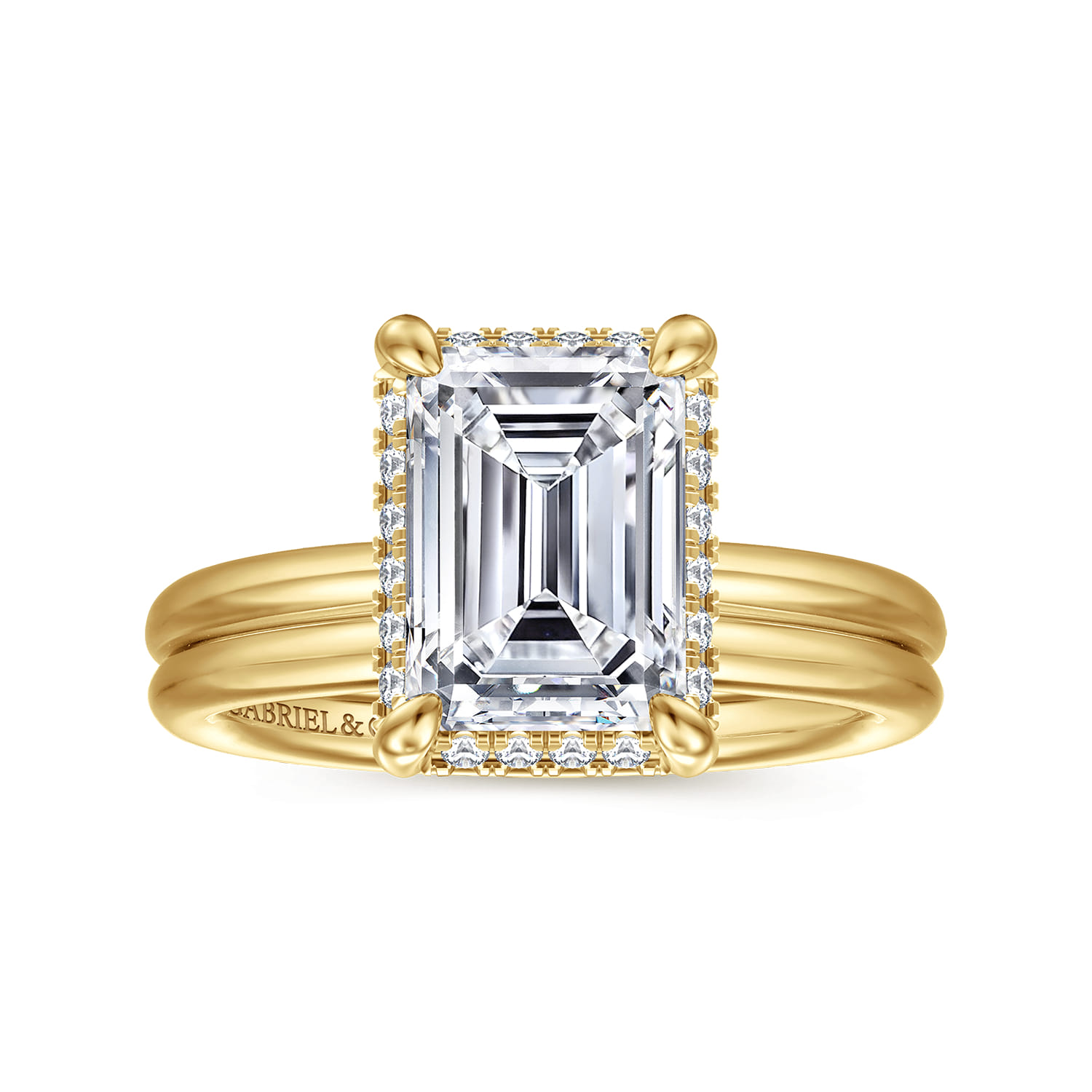 Emerald Hidden Halo Diamond Engagement Ring in 14K Yellow Gold, photograph 4