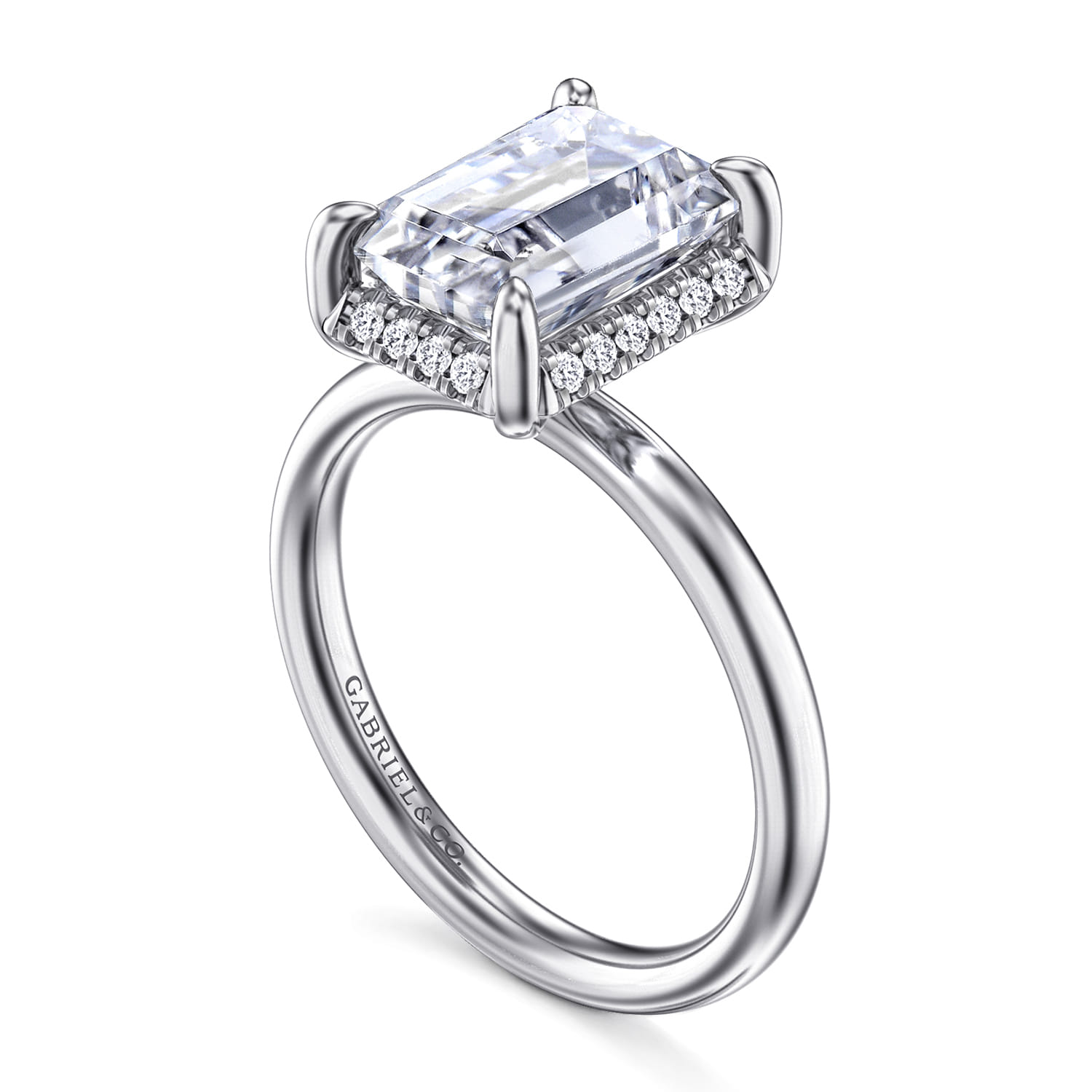 Emerald Hidden Halo Diamond Engagement Ring in 14K White Gold, photograph 3