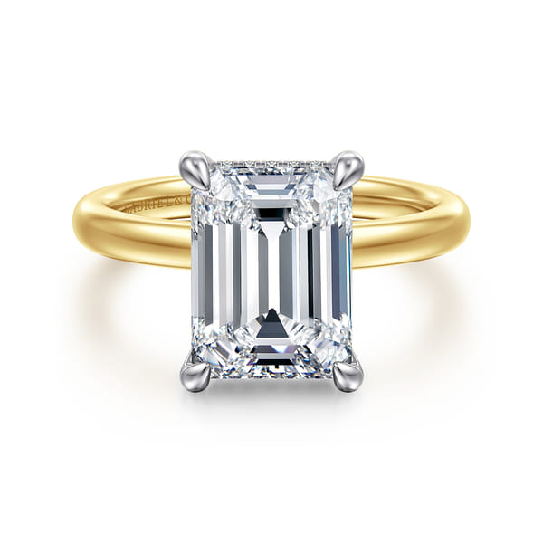 14K White-Yellow Gold Hidden Halo Emerald Cut Diamond Engagement Ring