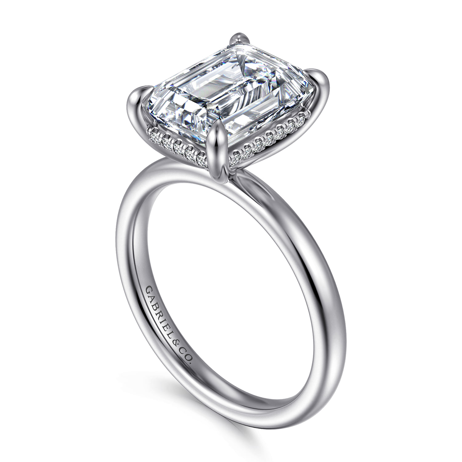 Emerald Hidden Halo Diamond Engagement Ring in 14K White Gold, photograph 3