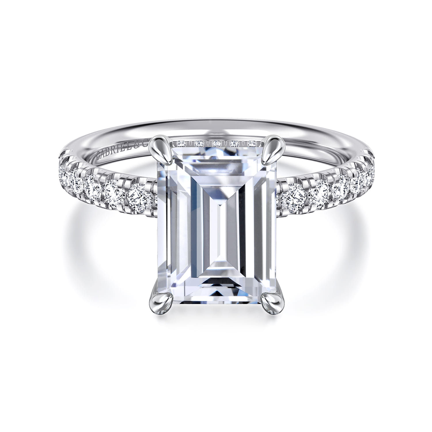Emerald Hidden Halo Diamond Engagement Ring in 14K White Gold