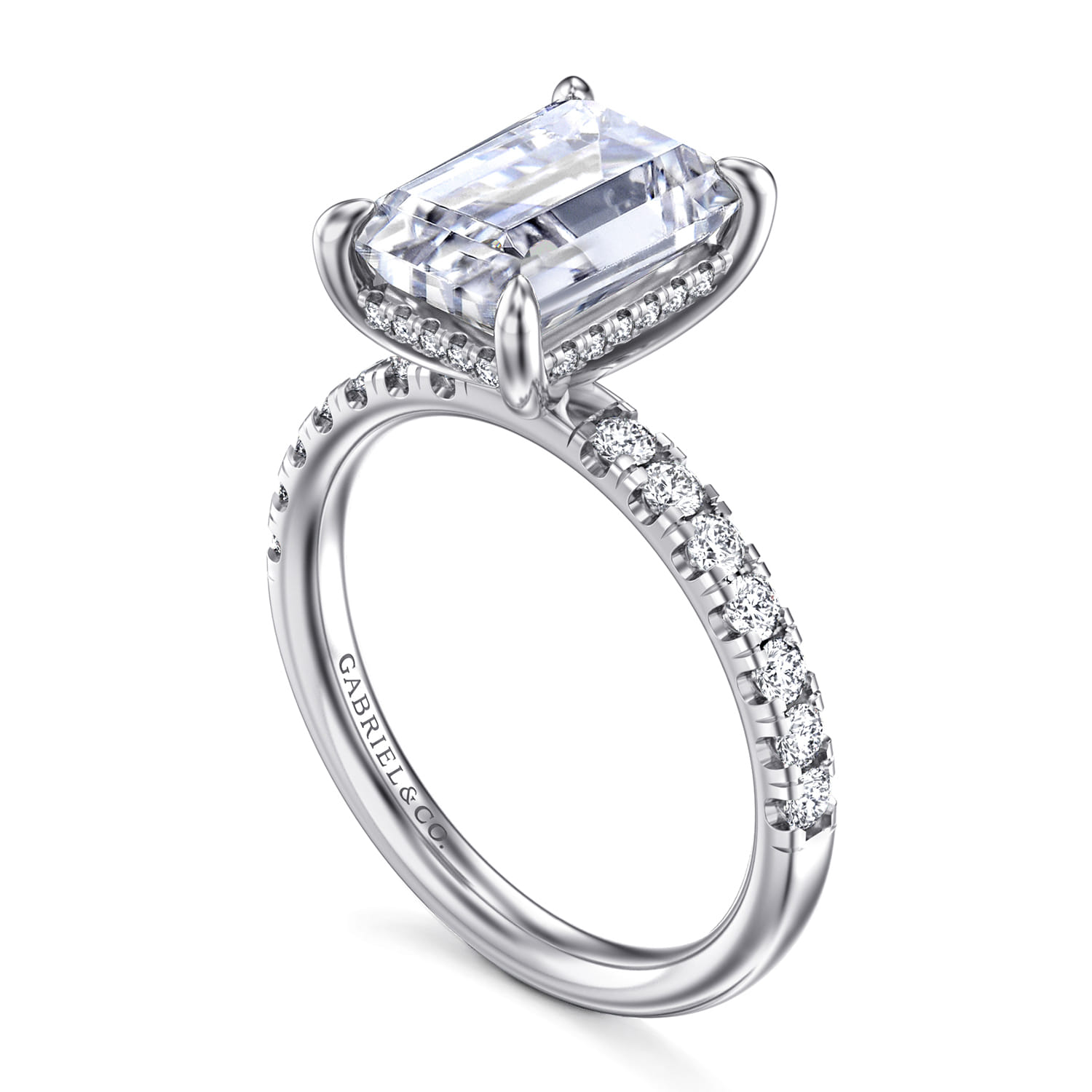 Emerald Hidden Halo Diamond Engagement Ring in 14K White Gold, photograph 3