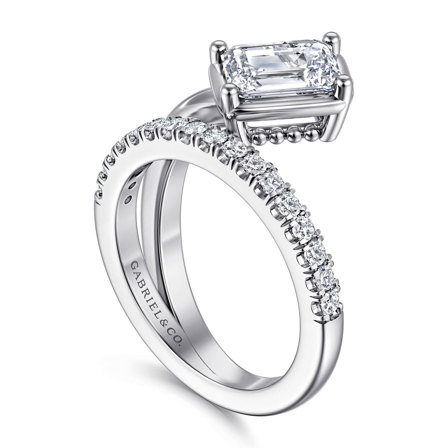 Emerald Bezel Prong Wrap Engagement Ring in 14K White Gold, photograph 3