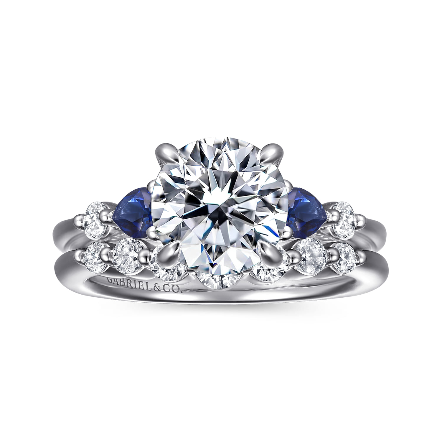 Round Diamond and Sapphire Engagement Ring in 14K White Gold, photograph 4