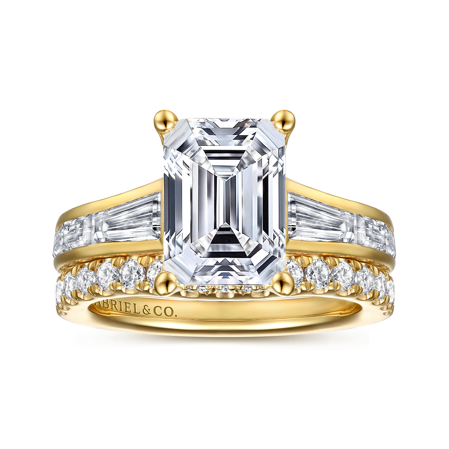 Emerald Channel set Baguette Diamond Engagement Ring in 14K Yellow Gold, photograph 4