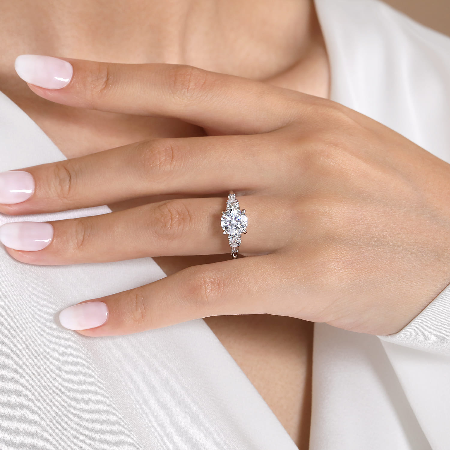 Round Five Stone Diamond Engagement Ring in 14K White Gold, photograph 6