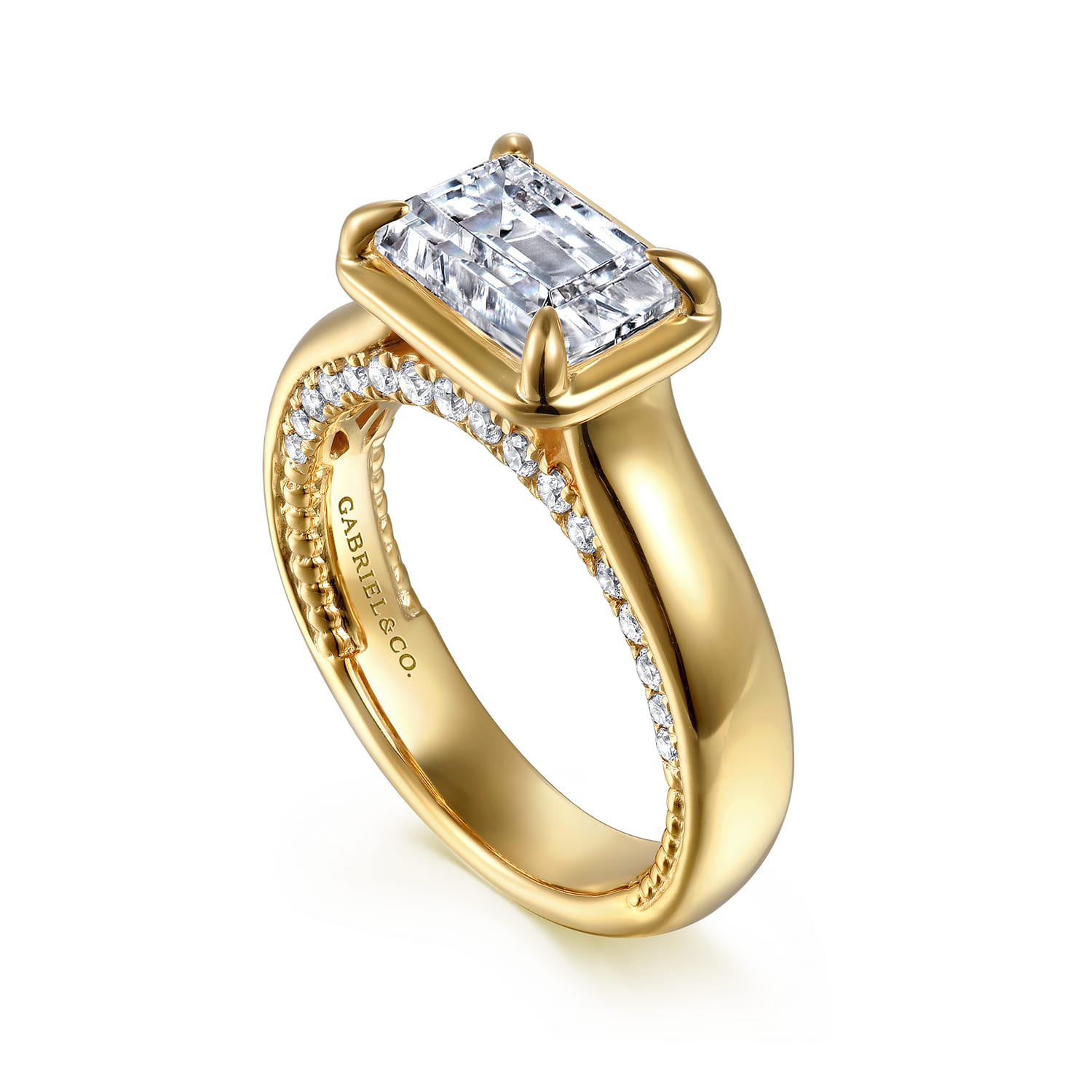Emerald East West and Bezel Prong Diamond Engagement Ring in 14K Yellow Gold, photograph 3