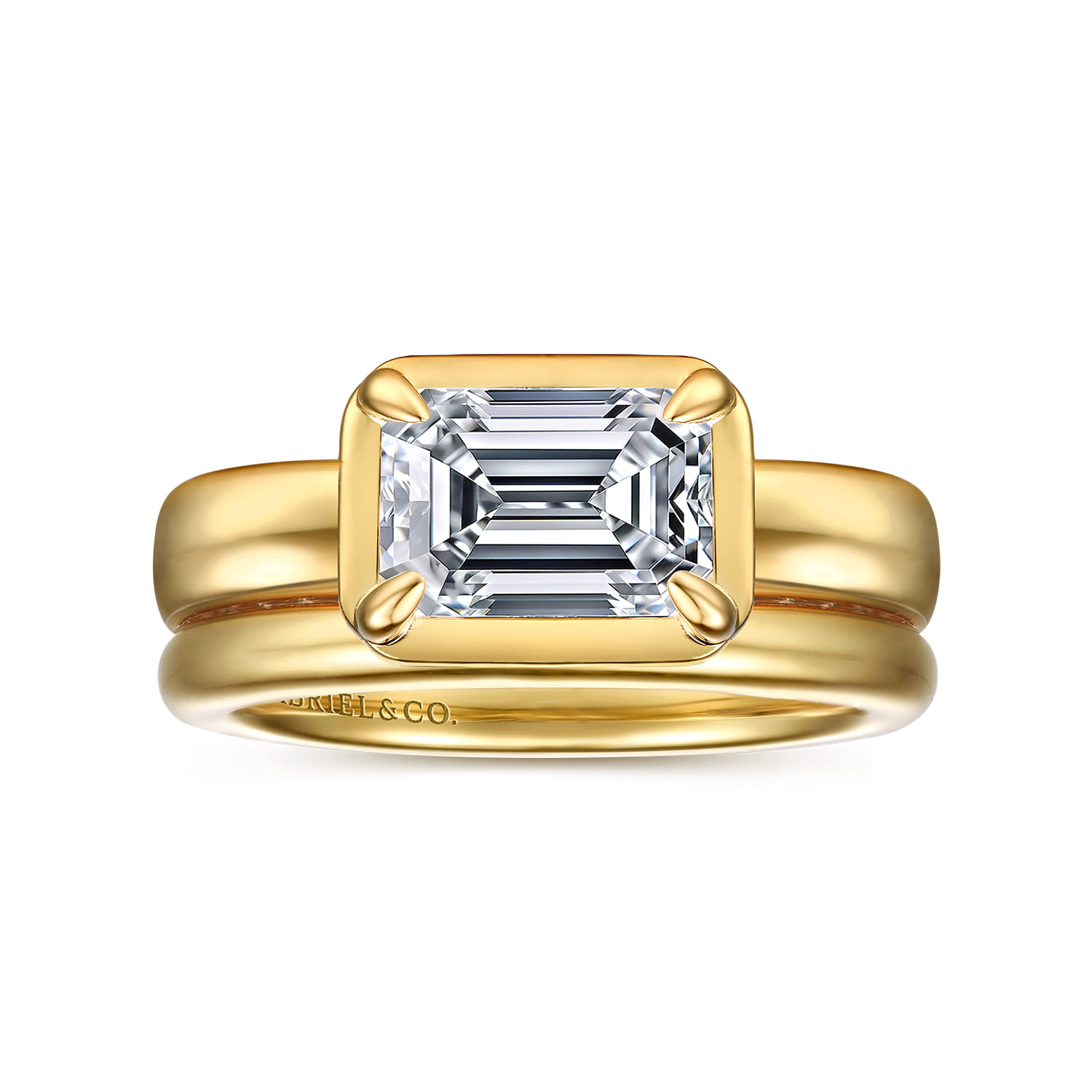 Emerald East West and Bezel Prong Diamond Engagement Ring in 14K Yellow Gold, photograph 4