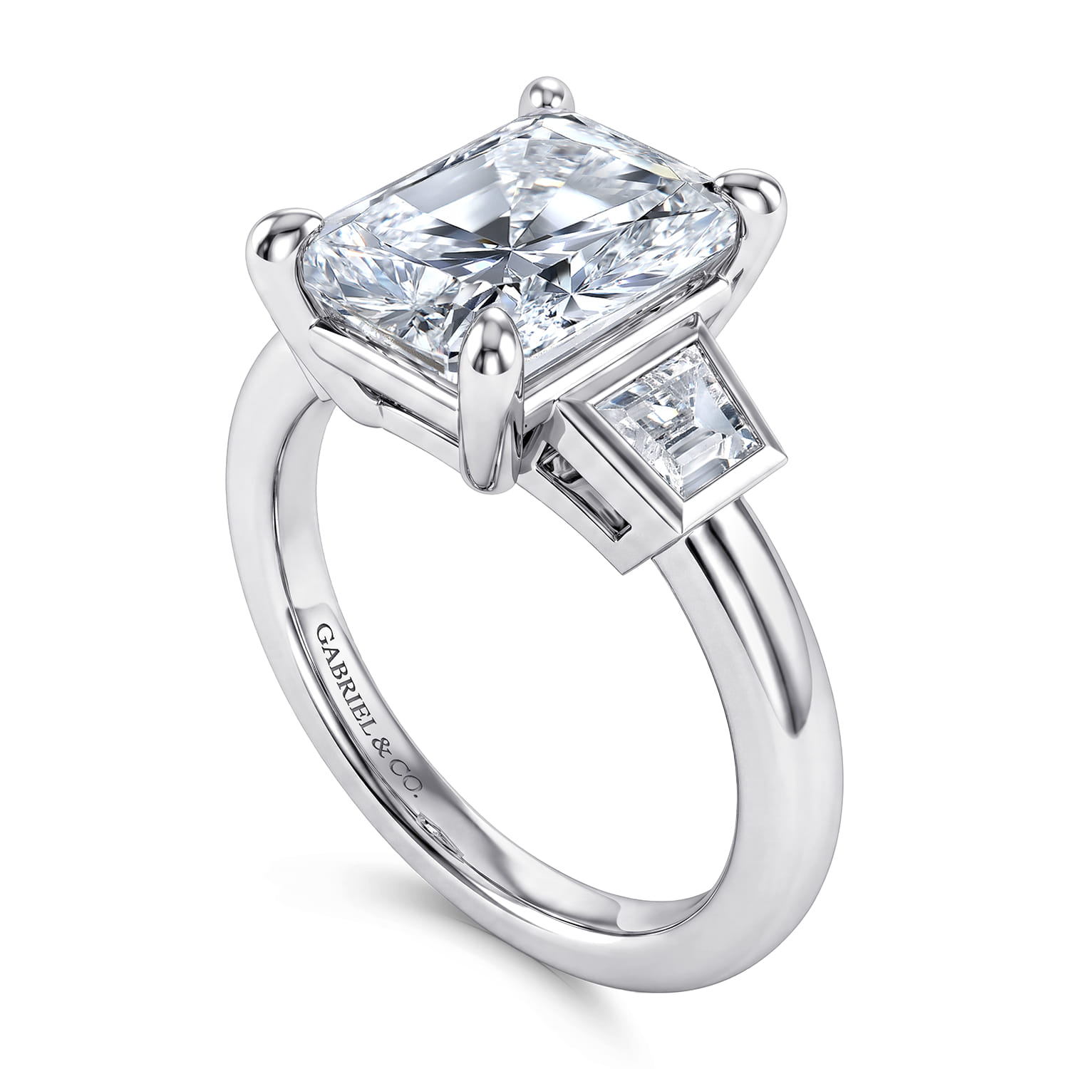 Radiant Three Stone Diamond Engagement Ring in 14K White Gold, photograph 3