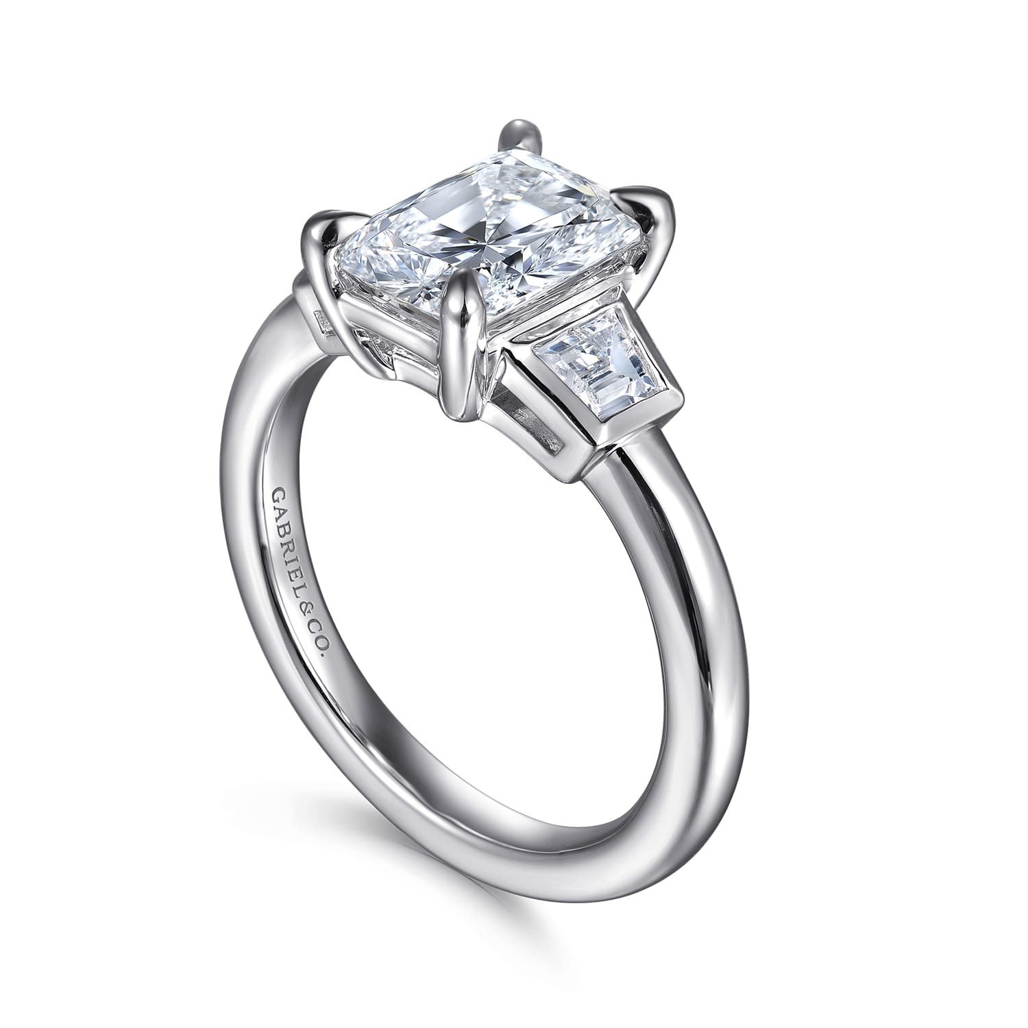 Radiant Three Stone Diamond Engagement Ring in 14K White Gold, photograph 3