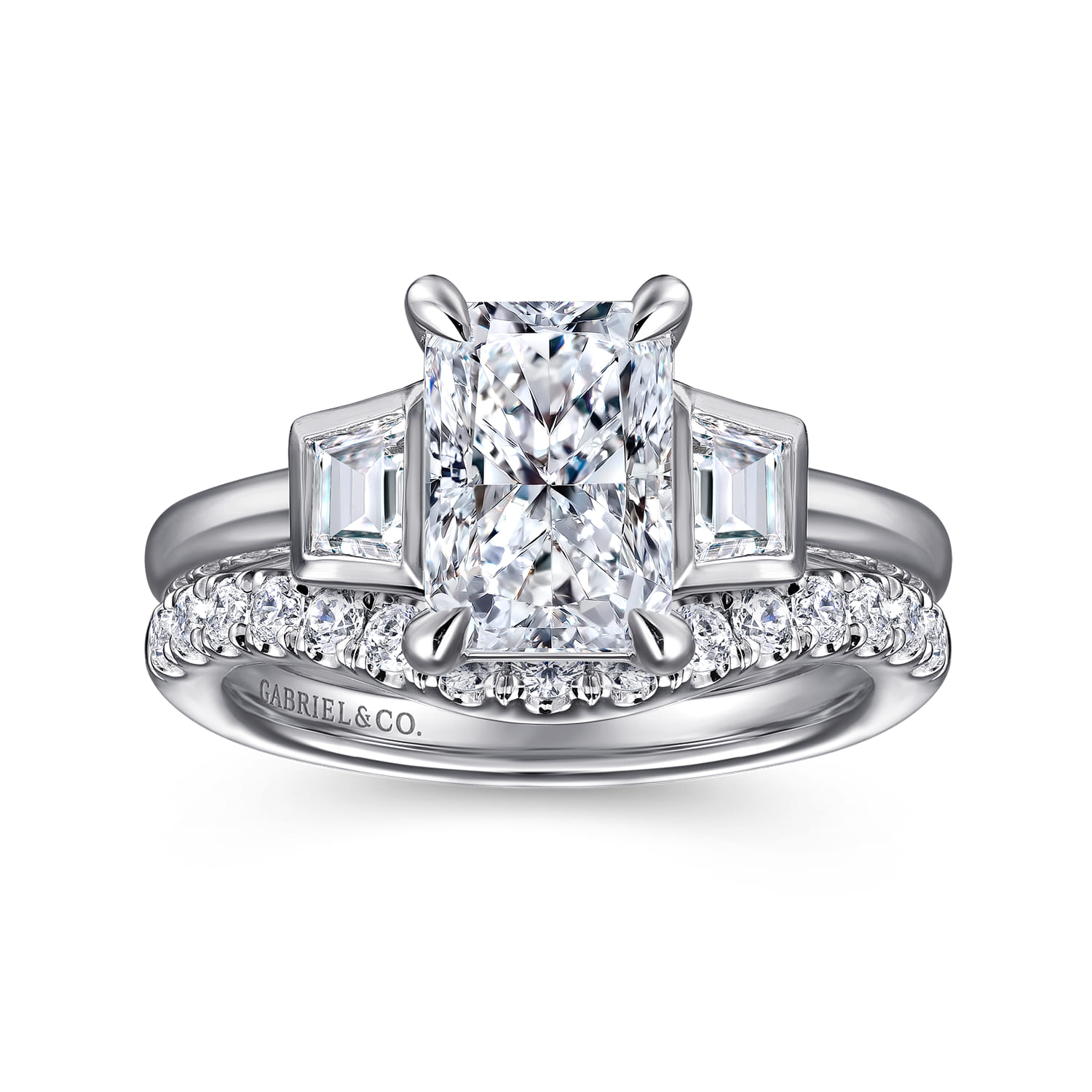 Radiant Three Stone Diamond Engagement Ring in 14K White Gold, photograph 4