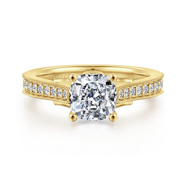 14K Yellow Gold Cushion Cut Lotus Diamond Engagement Ring