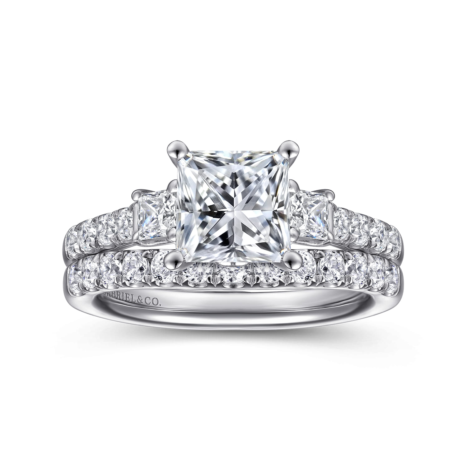 Princess Three Stone Diamond Engagement Ring in 14K White Gold, photograph 4