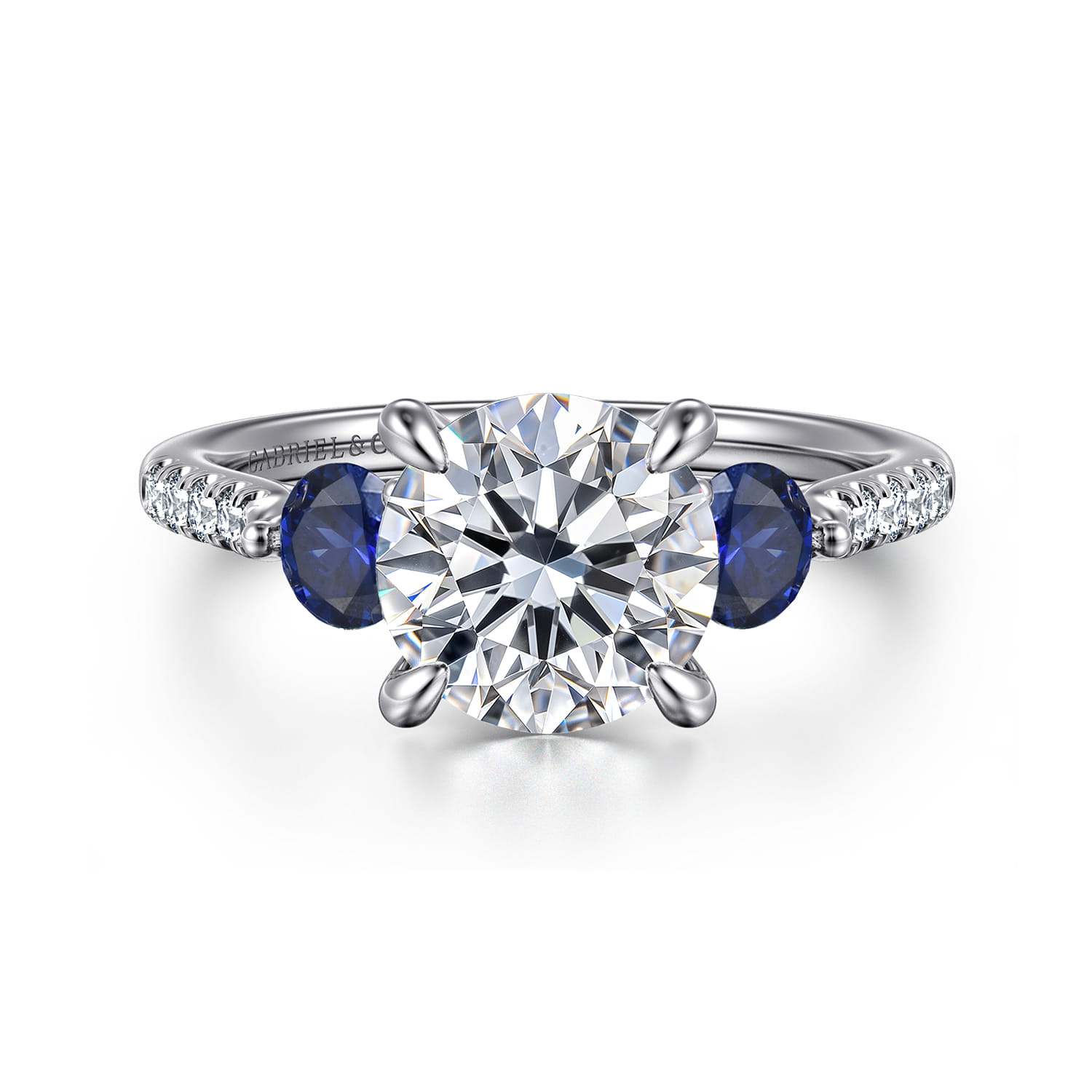 Round Three Stone Lotus Diamond and A Quality Sapphire Engagement Ring