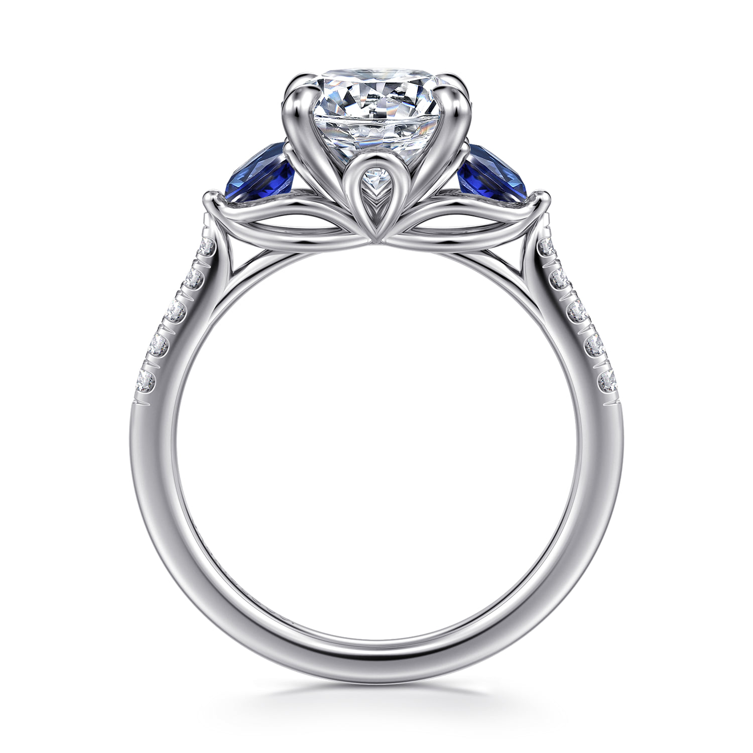 Round Three Stone Lotus Diamond and A Quality Sapphire Engagement Ring in 14K White Gold, photograph 2